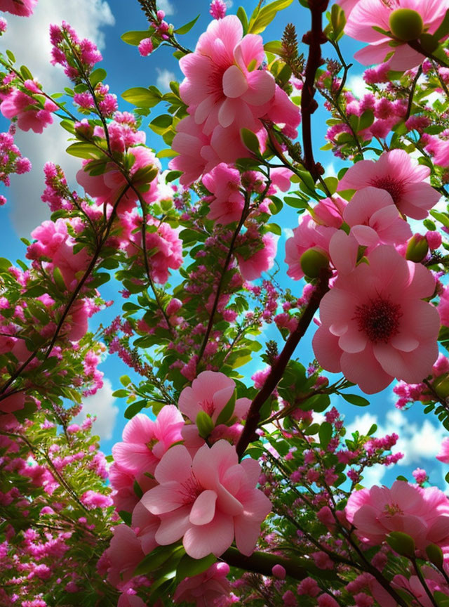 Vibrant Pink Blossoms Against Blue Sky and Clouds