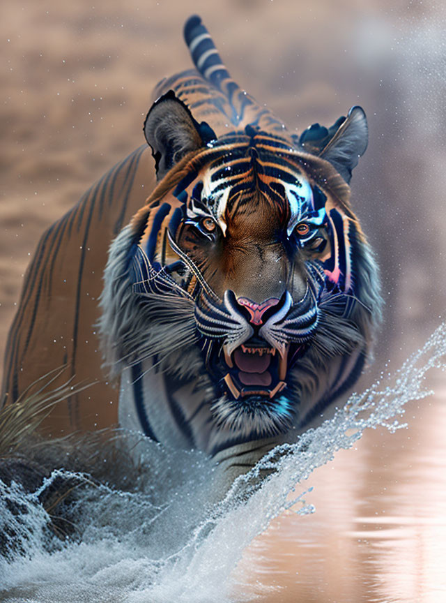 Blue-patterned tiger emerges from water with fierce expression