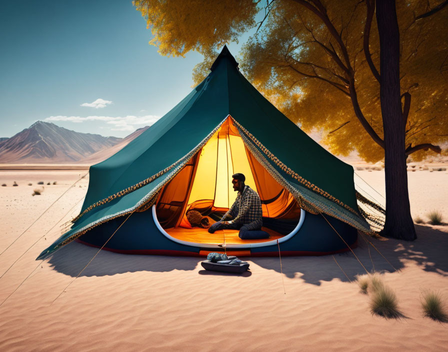 Man sitting in tent entrance, desert landscape with mountains and clear sky.