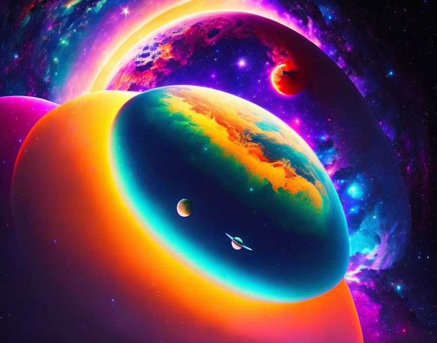 Colorful planets, glowing gas giant, spacecraft in vibrant space scene