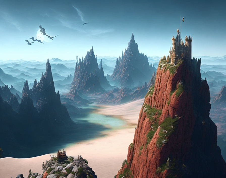 Fantasy landscape with castle on red cliff, dragons in sky