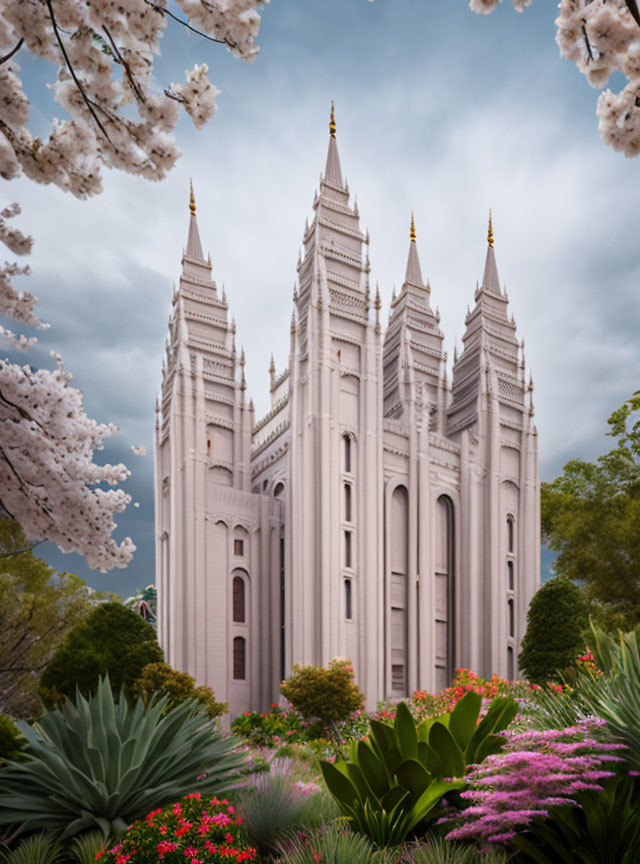 White temple with spires, cherry blossoms, and garden foliage against cloudy sky