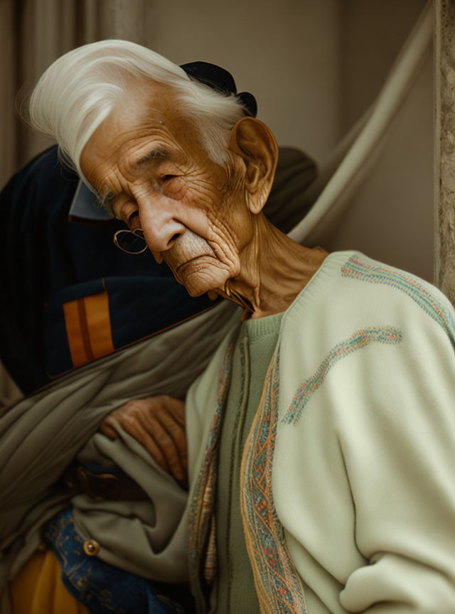 Elderly Person in Beige Clothing and Black Beret with White Hair and Glasses