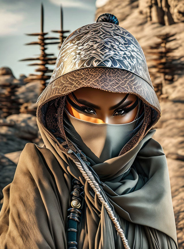 Detailed 3D-rendered person in hood and mask against rocky desert backdrop