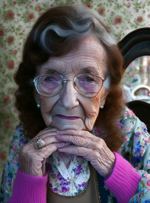 Elderly woman with gray hair and glasses in floral blouse and pink cardigan