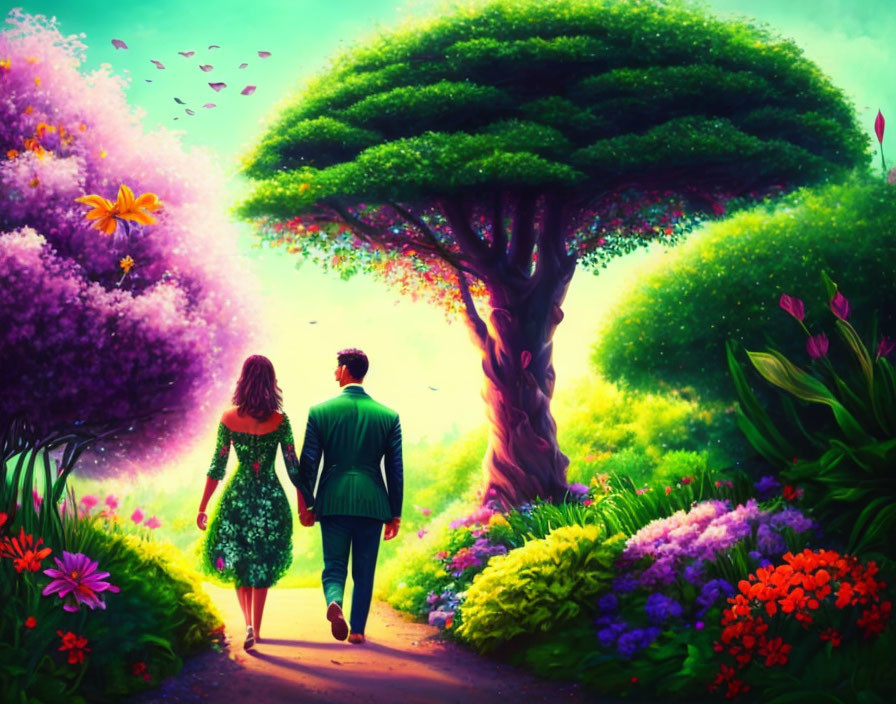 Couple Walking in Vibrant Garden Path with Heart-shaped Tree and Butterflies