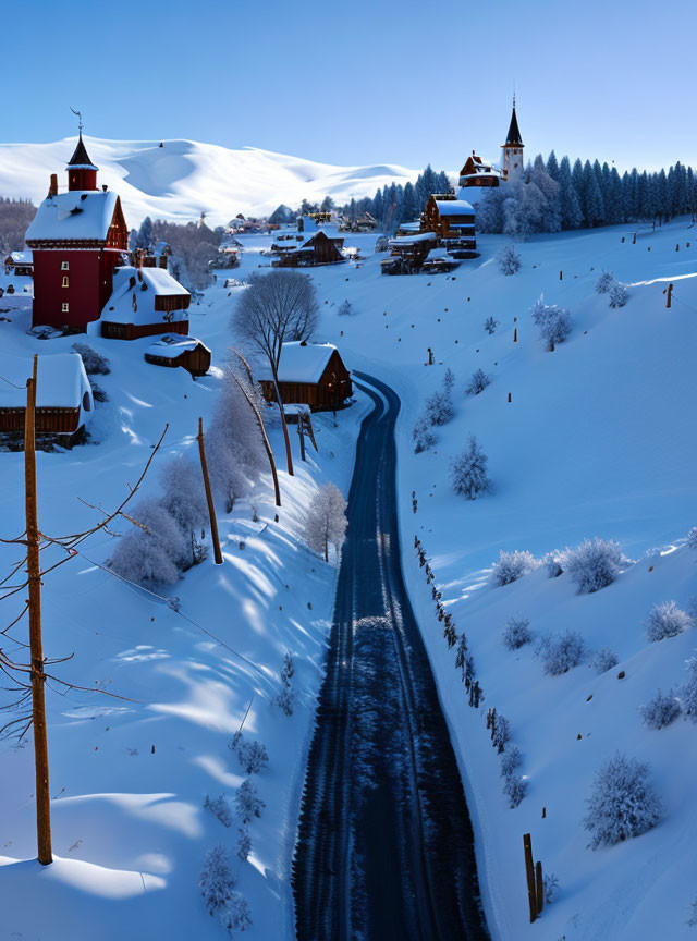 Snowy landscape with winding road and red-roofed buildings under clear blue sky