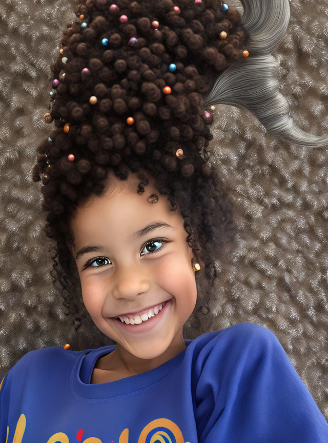 Curly-haired girl with colorful beads smiling in blue top on textured backdrop