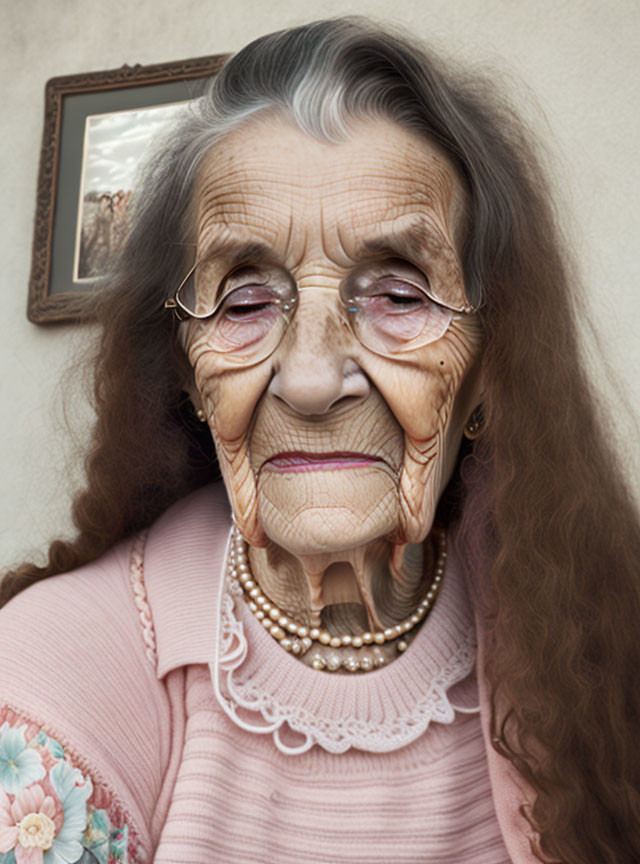 Elderly woman with glasses and pearl necklace smiling in front of neutral background.