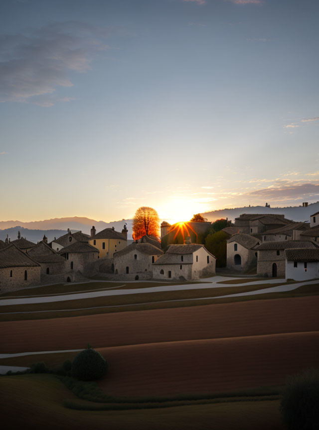 Rustic village at sunset with golden sunlight and long shadows