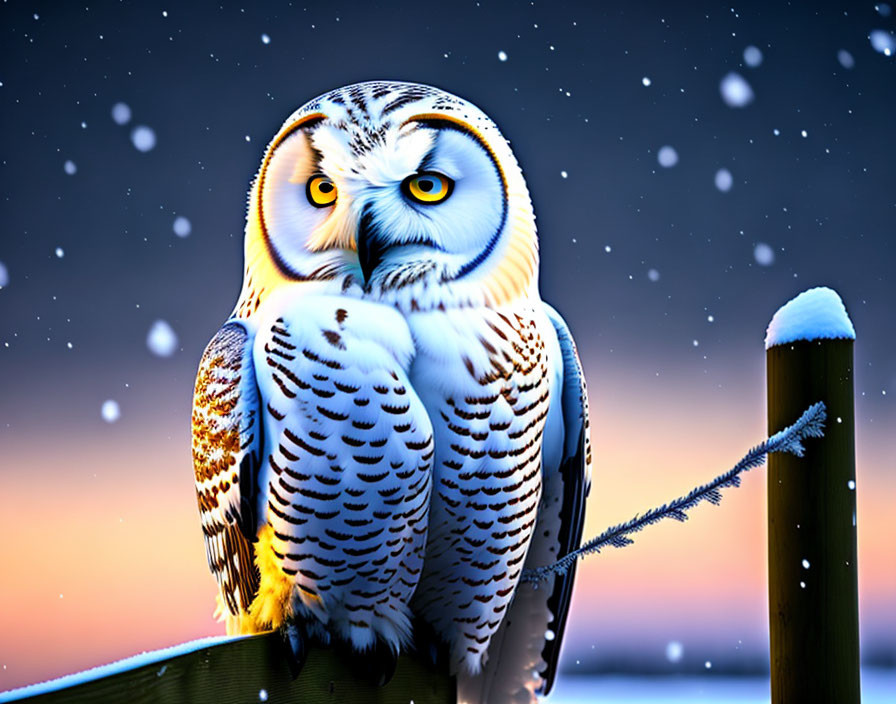 Snow owl perched on frosty fence under starry night sky