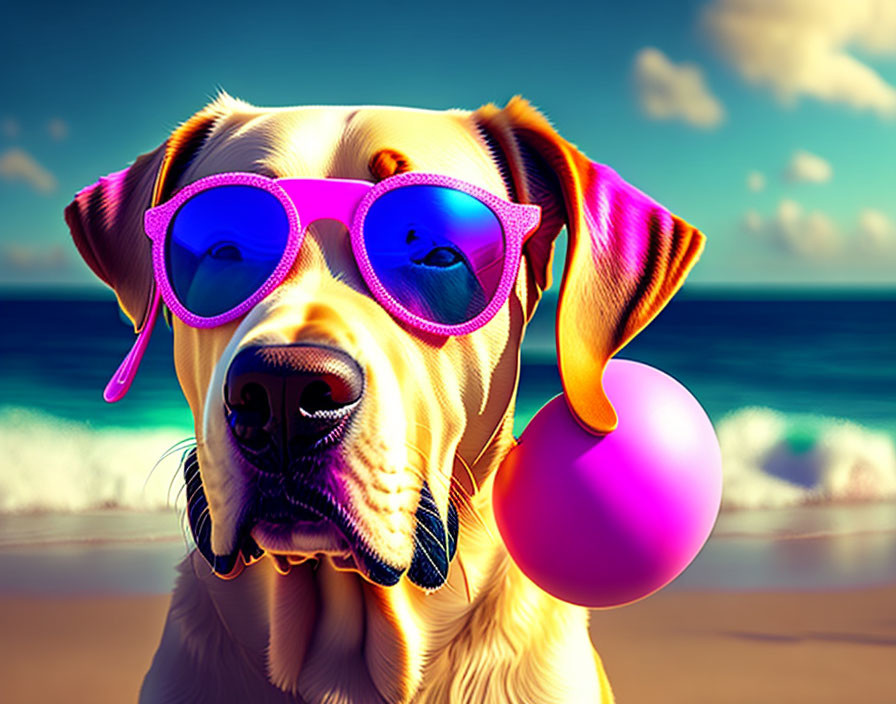 Dog wearing pink sunglasses blowing bubble gum on sunny beach