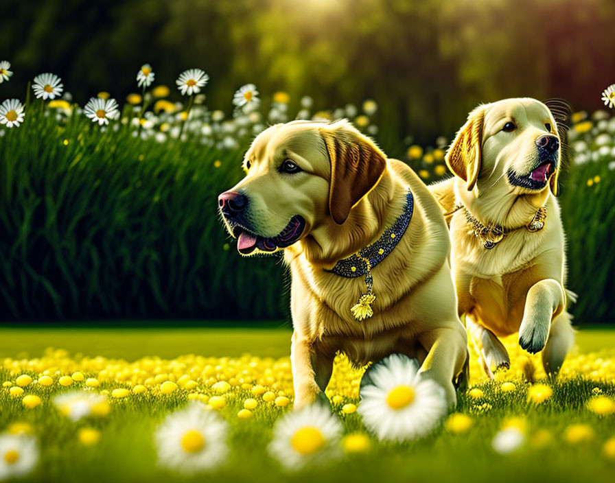 Golden Labrador Retrievers running in sunny field with daisies.