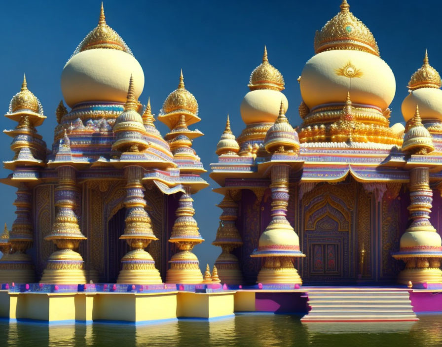 Golden-domed palace with intricate designs reflected on tranquil water under clear sky