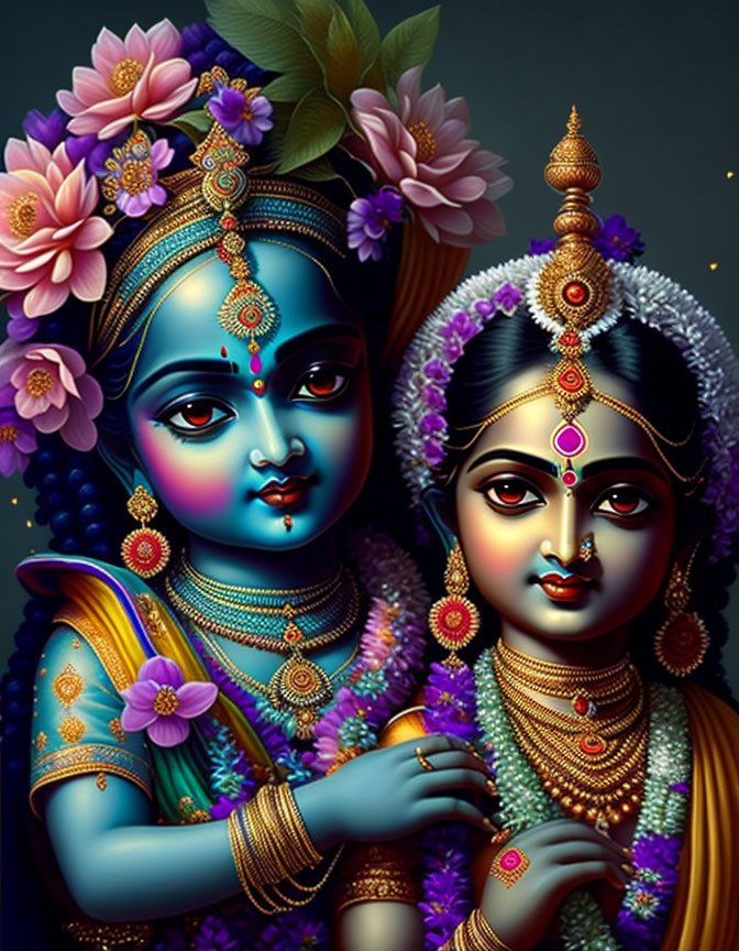 Hindu deities Krishna and Radha in traditional attire and jewelry on dark background with flowers