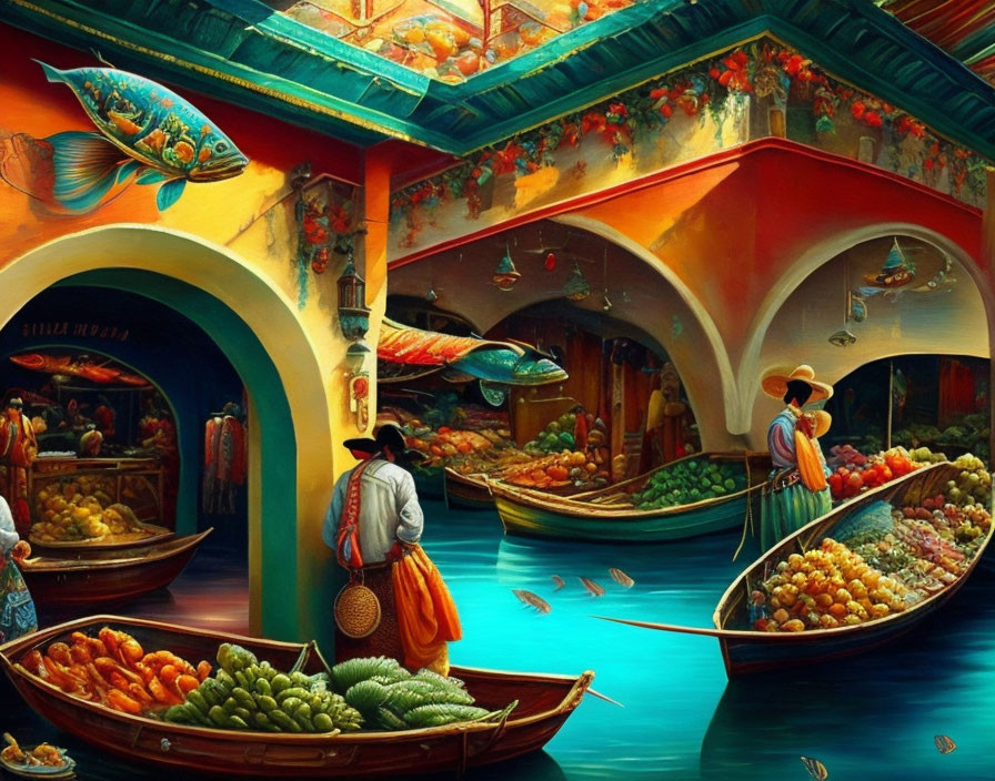 Colorful market scene with boats, vendors, customers, arches, and architectural details.