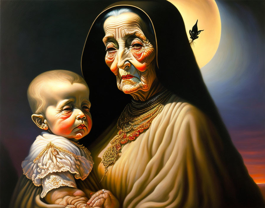 Elderly woman holding child under twilight sky with butterfly.