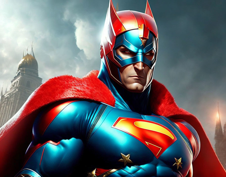 Superhero illustration with red cape, blue suit, bat-like helmet, cloudy sky