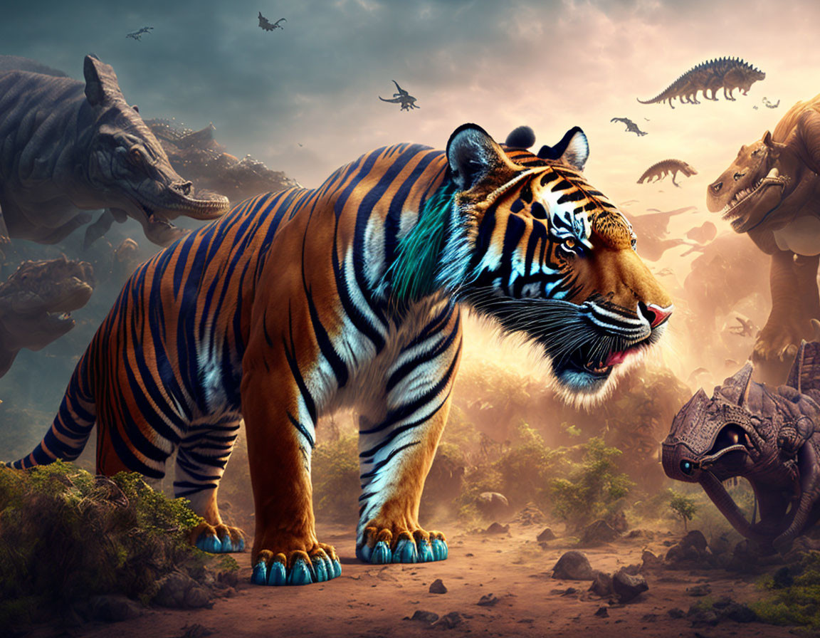 Colorful Tiger and Dinosaurs in Misty Prehistoric Scene