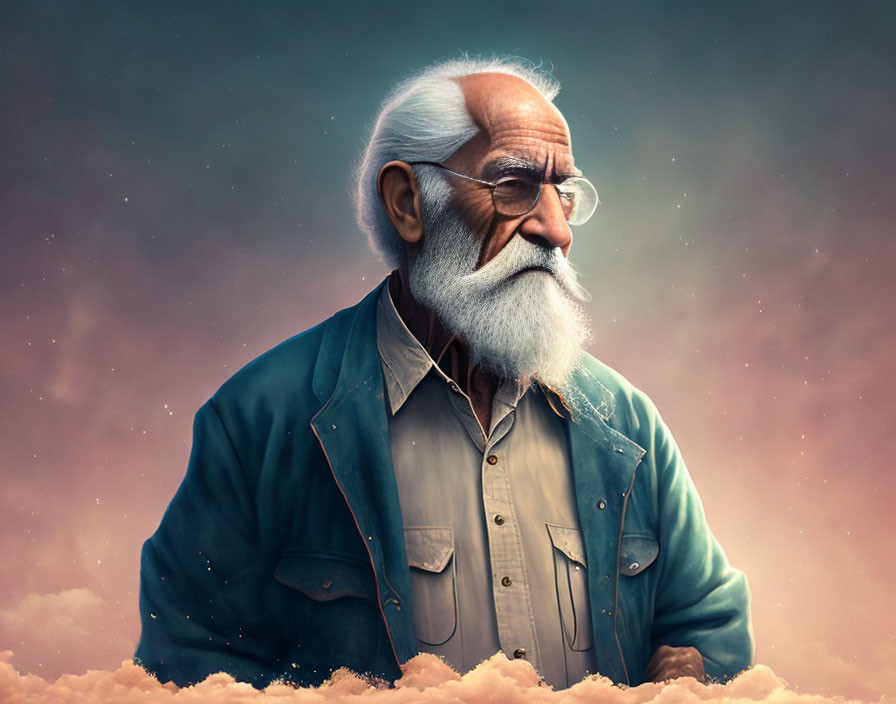 Elderly man with long white beard and glasses against cloudy sky.