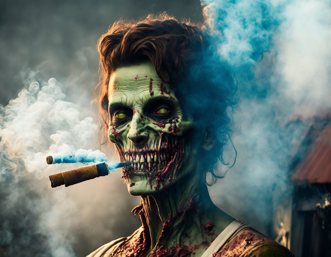 Zombie makeup and prosthetics smoking a cigar in dark, moody setting