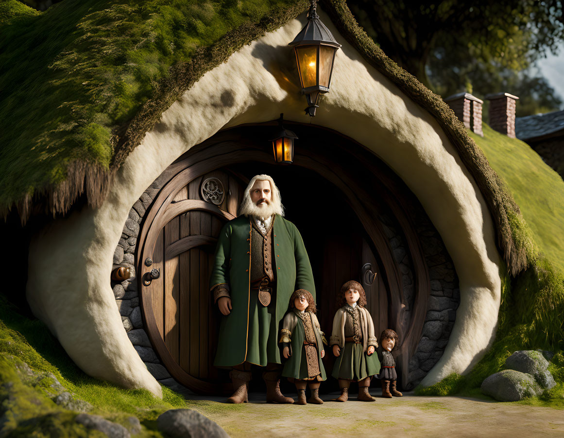 Four hobbit-like animated characters outside round-doored cottage