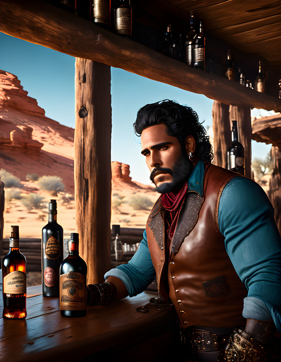 Animated cowboy with mustache in desert bar scene