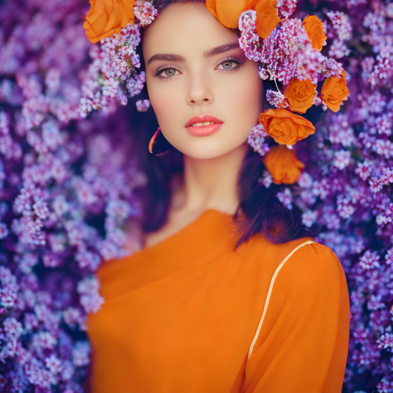 Blue-eyed woman with floral hair adornments posing against purple floral backdrop in orange attire