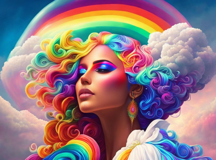 Vibrant surreal portrait of a woman with rainbow hair and makeup against a blue sky