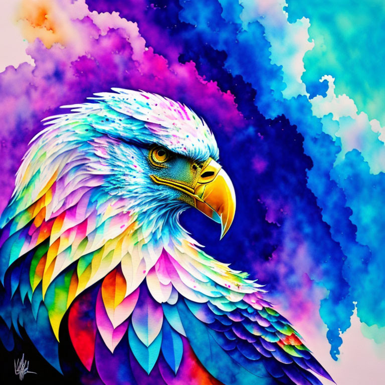 Colorful Eagle Illustration on Blue and Purple Watercolor Background