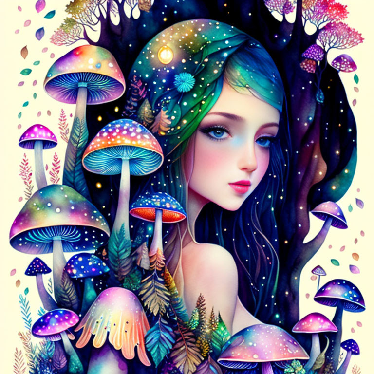 Vibrant illustration of woman with blue eyes and dark hair surrounded by mushrooms and cosmic patterns against star