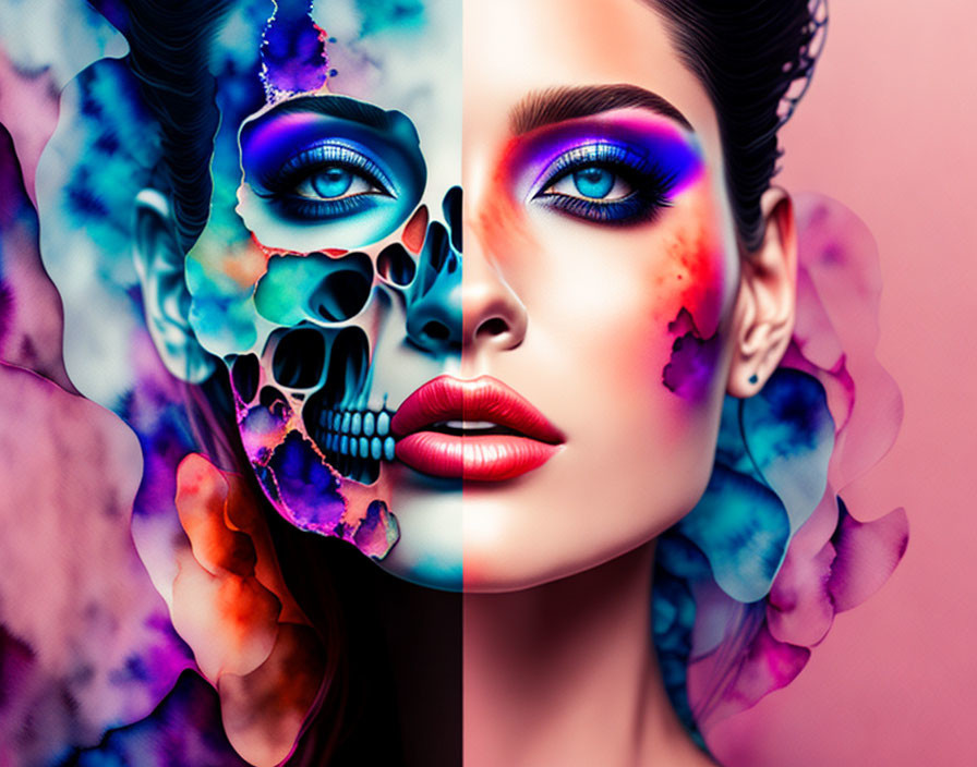 Split-face image: Woman's glamorous makeup vs. colorful skull illustration