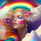 Vibrant surreal portrait of a woman with rainbow hair and makeup against a blue sky