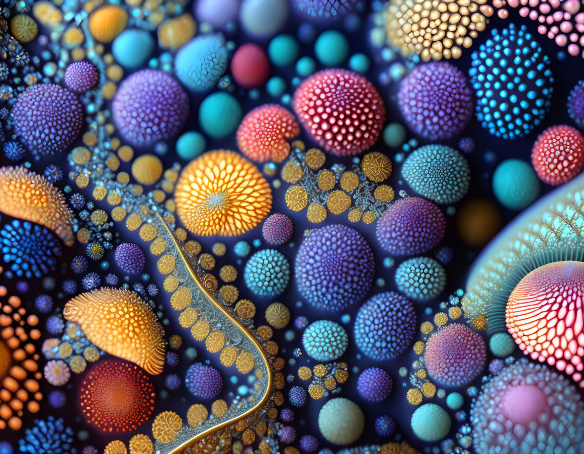 Vibrant fractal art: intricate patterns, spherical shapes in blue, purple, orange, gold