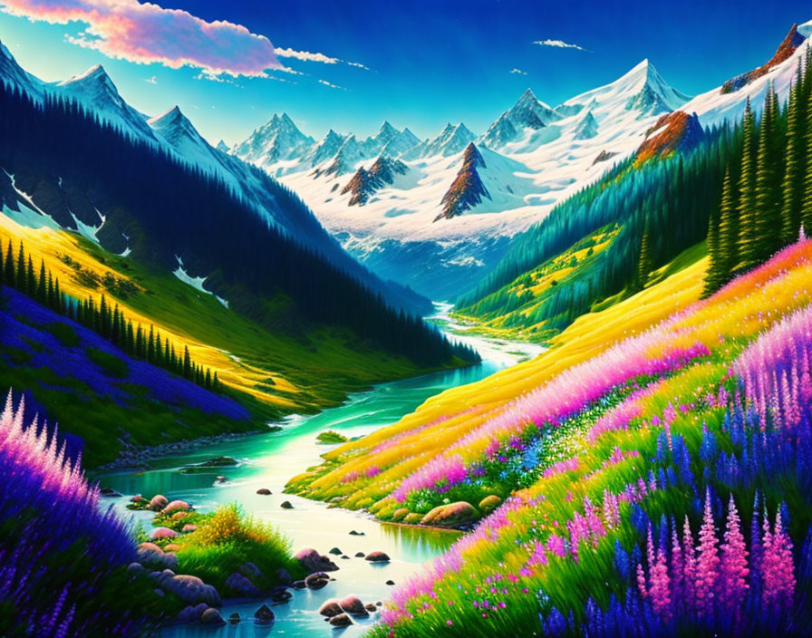 Scenic landscape: river, flowers, mountains, blue sky