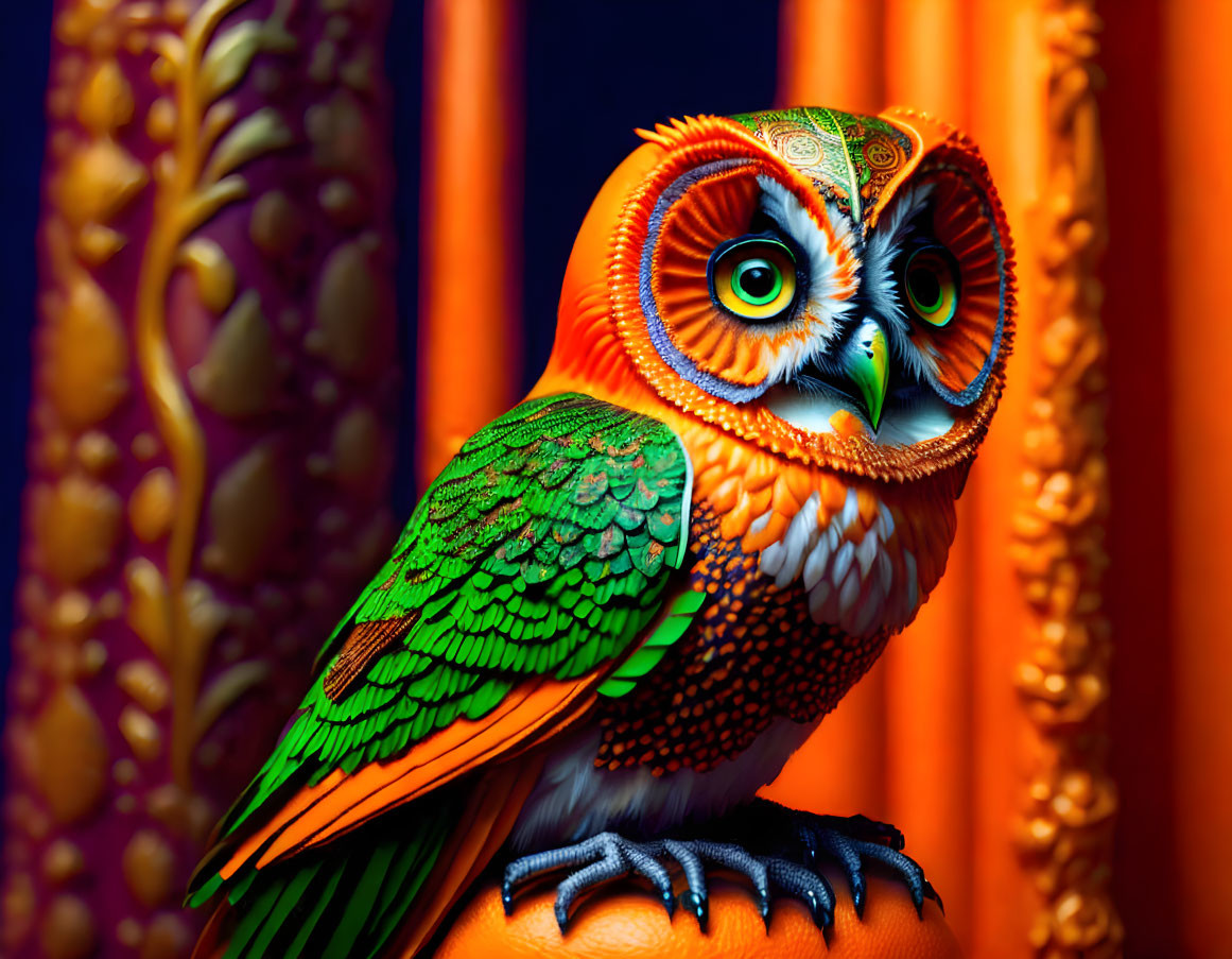 Colorful Owl Artwork with Intricate Patterns on Blue Background