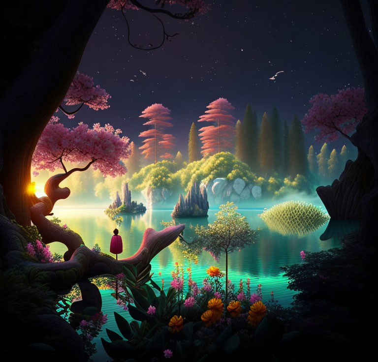 Twilight fantasy landscape with glowing trees and starry sky.