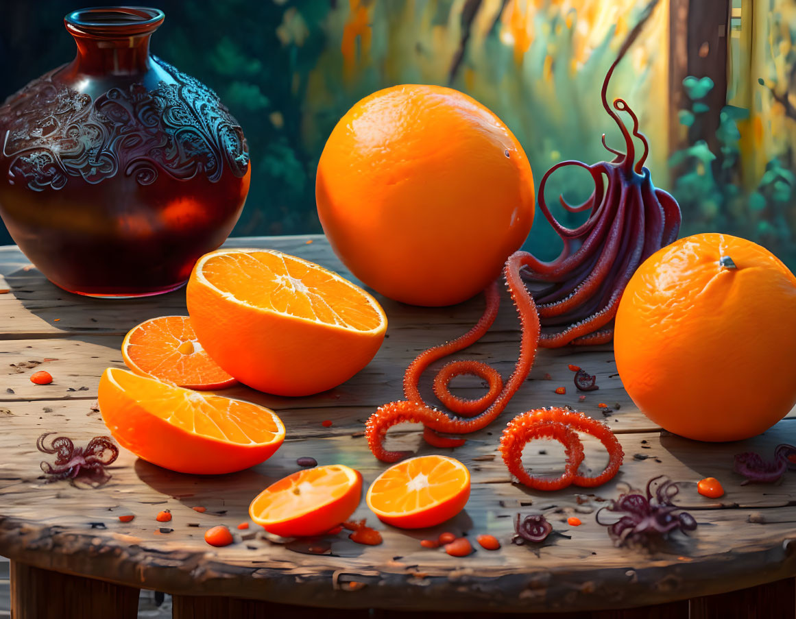 Colorful still life with oranges, vase, and octopus tentacles on wooden table