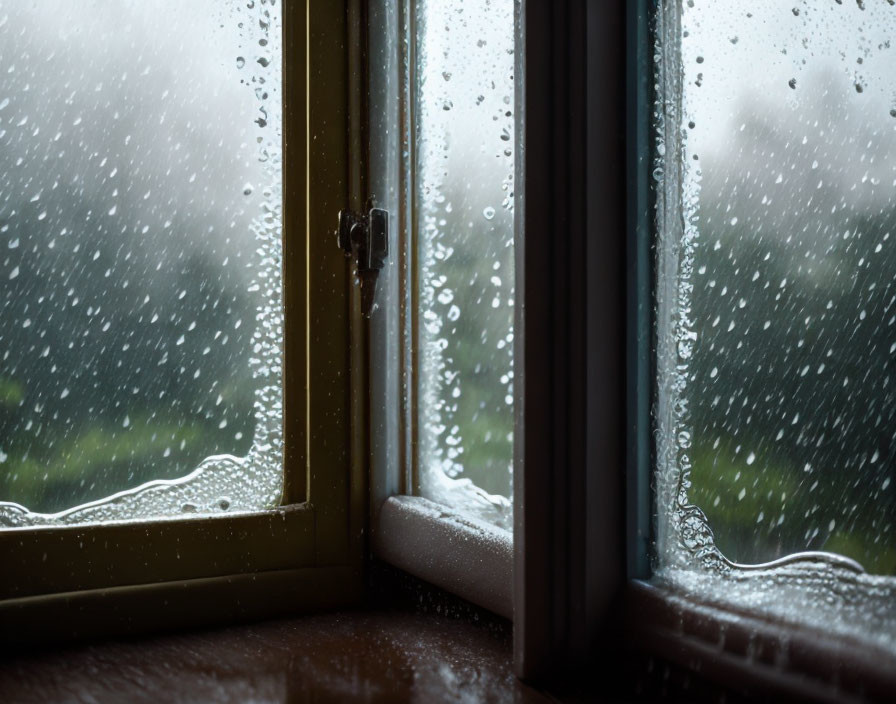 Blurred green landscape view through raindrop-covered window