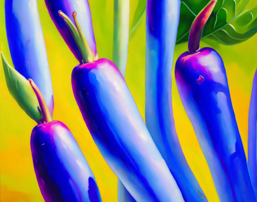 Colorful painting of oversized blue chili peppers on yellow and green background