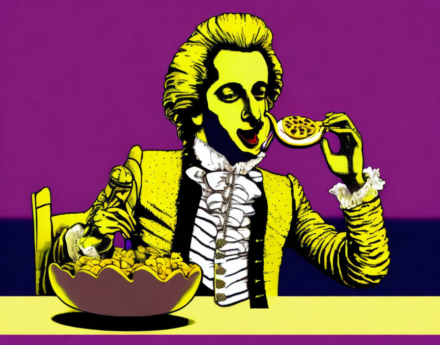 Colonial man smelling cookie with bowl on table on purple-yellow background