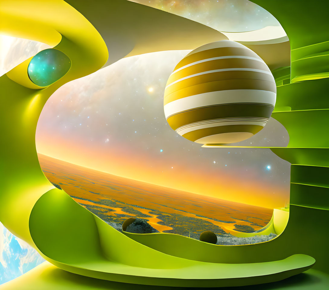 Surreal green spiral structure in striped planet landscape