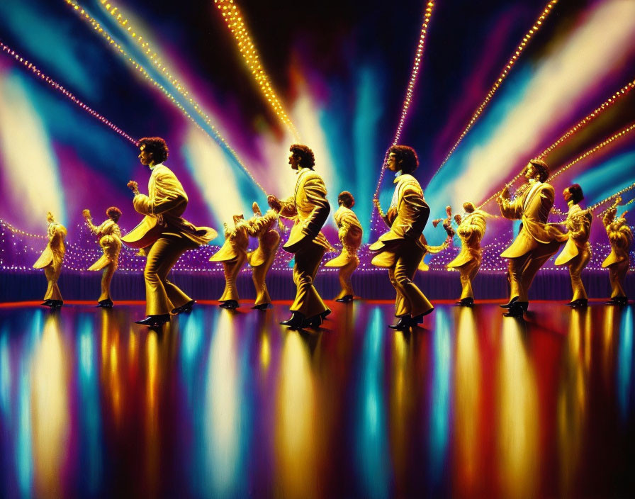 Synchronized dancers in sequined suits under colorful stage lights