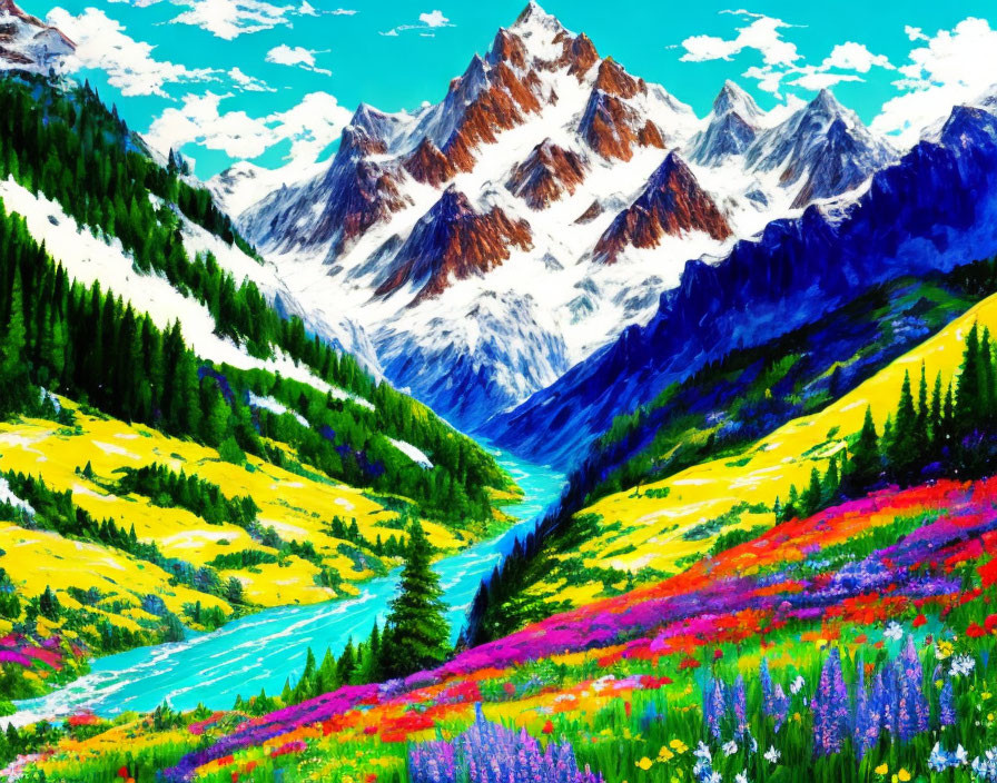 Colorful mountain landscape with snow-capped peaks, flowing river, meadow, and hills.