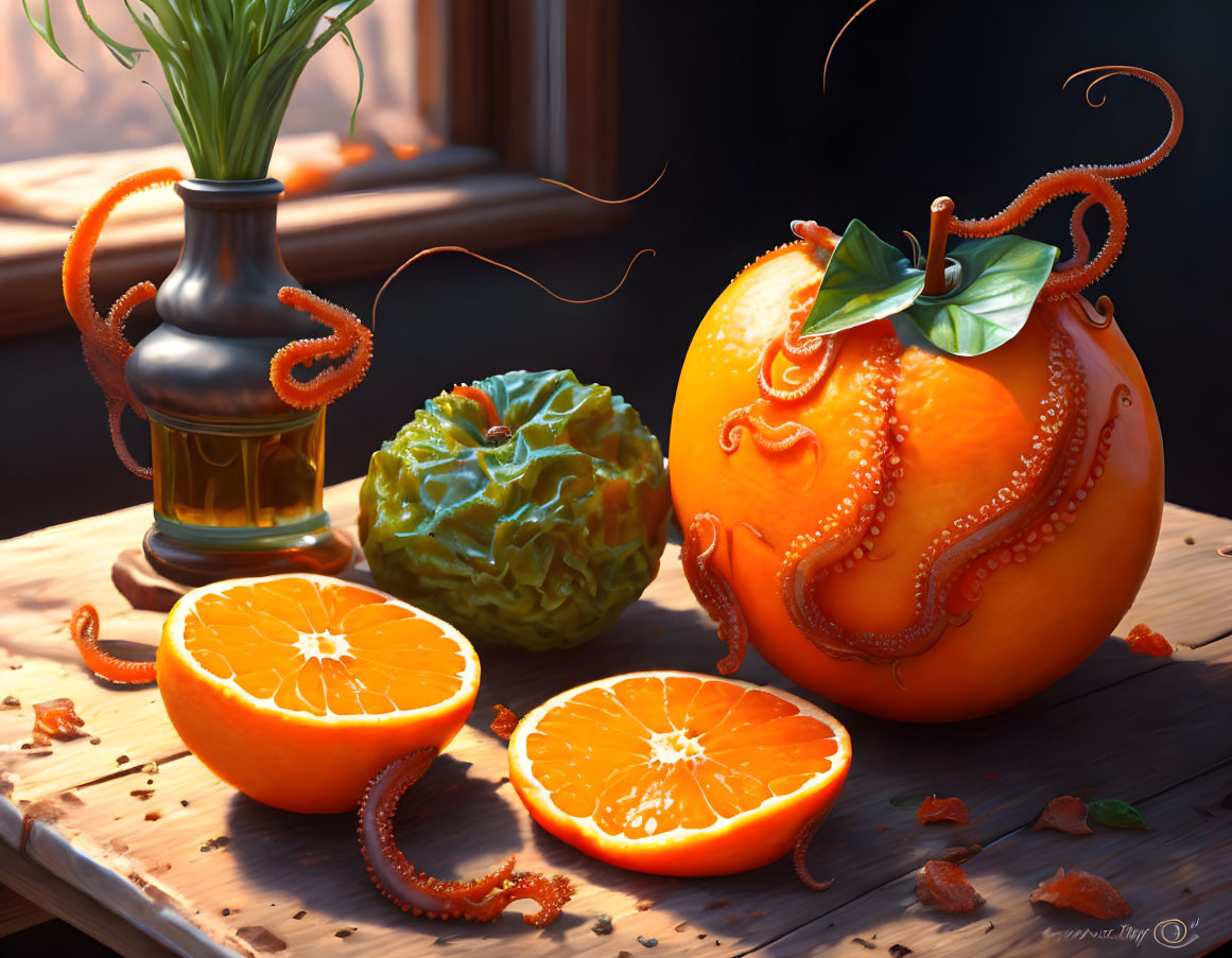 Digital Art: Orange with Tentacles on Wood Surface, Green Fruit, Vase with Foliage