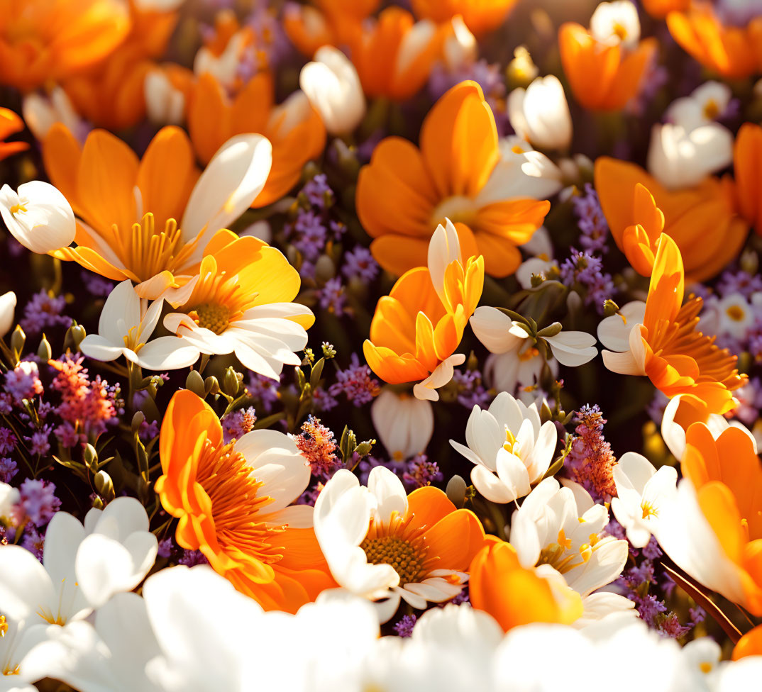 Colorful Close-Up of Orange, White, and Purple Flowers in Sunlight