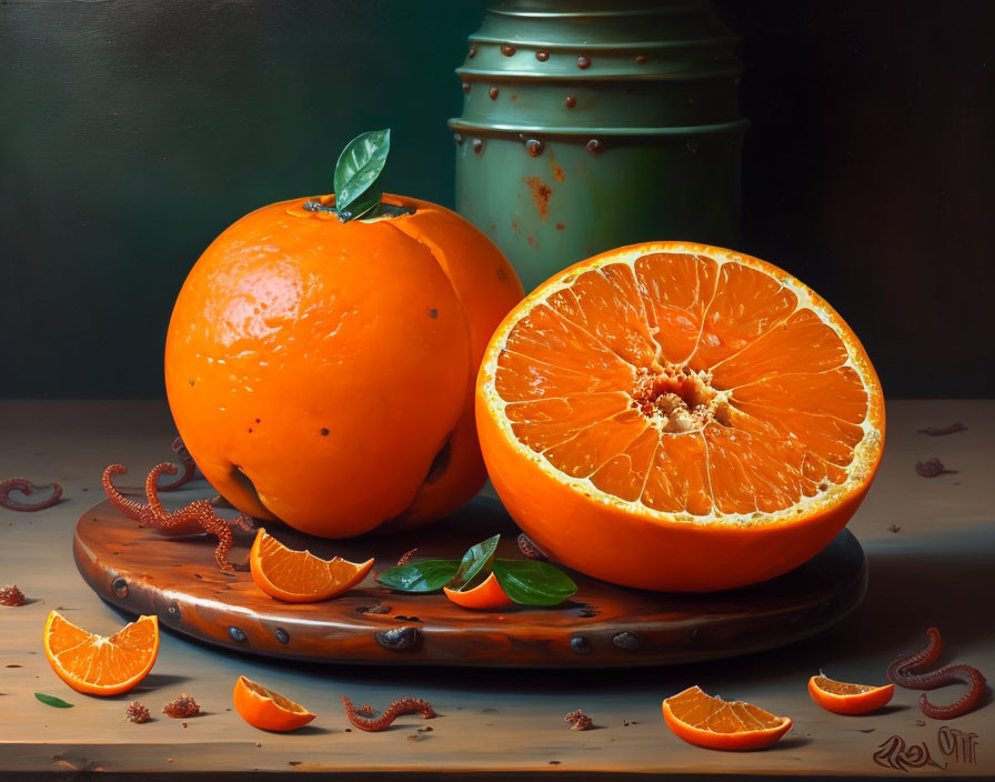 Realistic painting of oranges, slices, earthworms, and rustic can on wooden surface