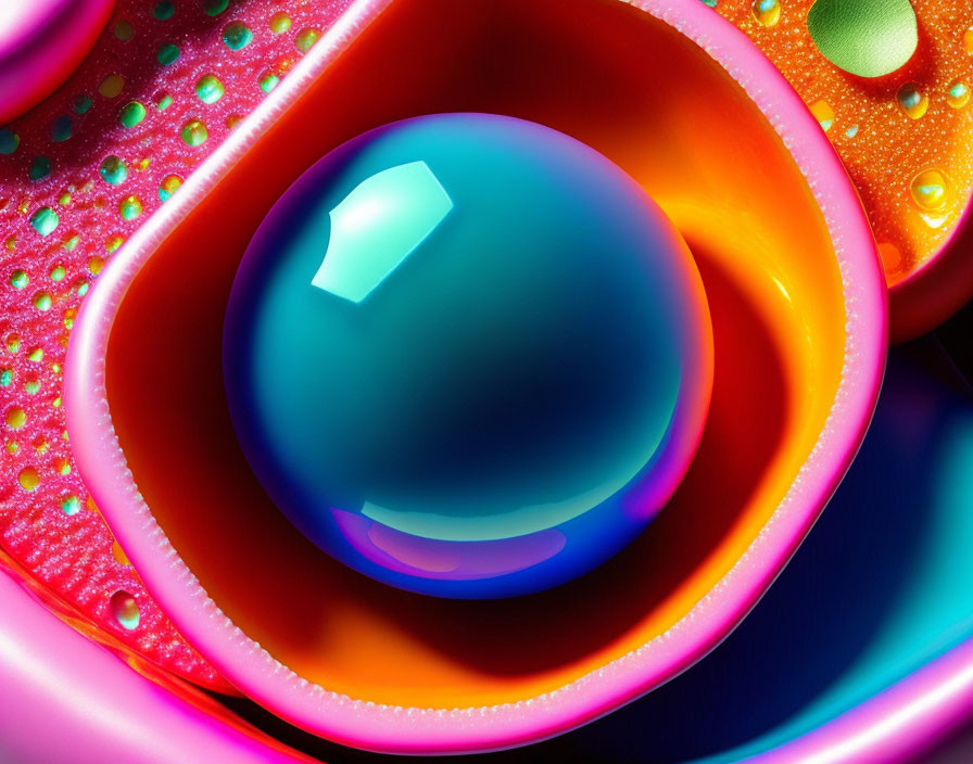 Vibrant layered orbs with glossy finish and water droplets in close-up.