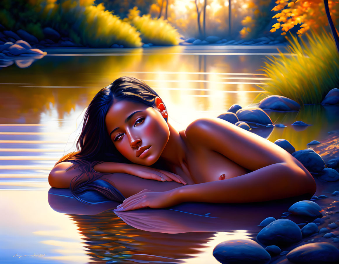 Digital artwork of woman by serene lakeside with autumn trees & warm sunlight