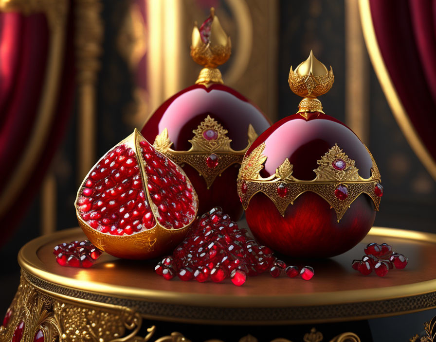 Golden royal pomegranate-themed decor on ornate table